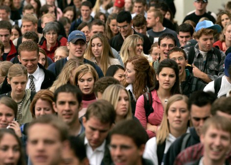 0410-64 GCS Leaving Devotional Students and Faculty leaving the Marriott Center after Tuesday Devotional 10/19/04 Photo by Jaren Wilkey/BYU Copyright BYU PHOTO 2004 All Rights Reserved photo@byu.edu (801)422-7322